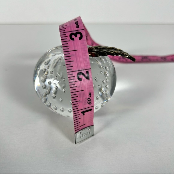 Clear Glass Apple Paperweight W/Brass Stem & Leaf Controlled Bubbles Vintage - Picture 6 of 6